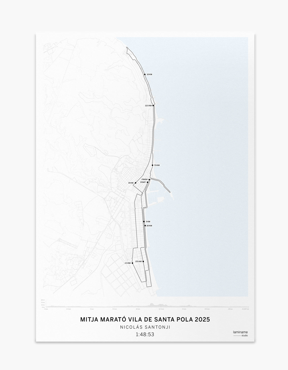 Póster decorativo conmemorativo de la Mitja Marató Internacional de Vila de Santa Pola. Personaliza tu nombre y tiempo con este mapa personalizado