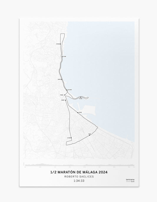 Mapa personalizado del Medio Maratón de Málaga con recorrido detallado y diseño exclusivo.