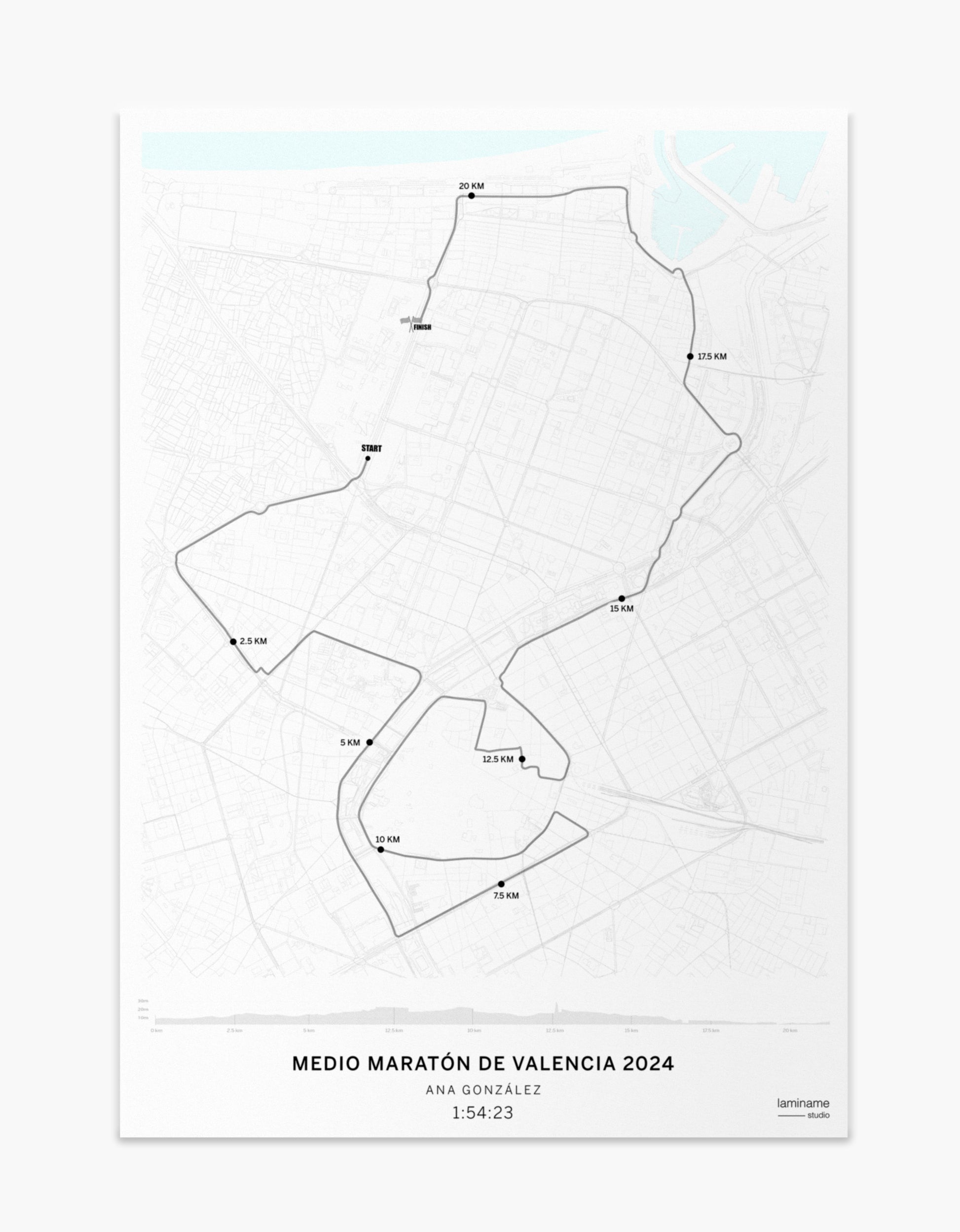 Mapa personalizado decorativo de la Media Maratón Valencia Zurich en formato 50x70 cm, con detalles de ríos, orientación y opción de personalización completa.