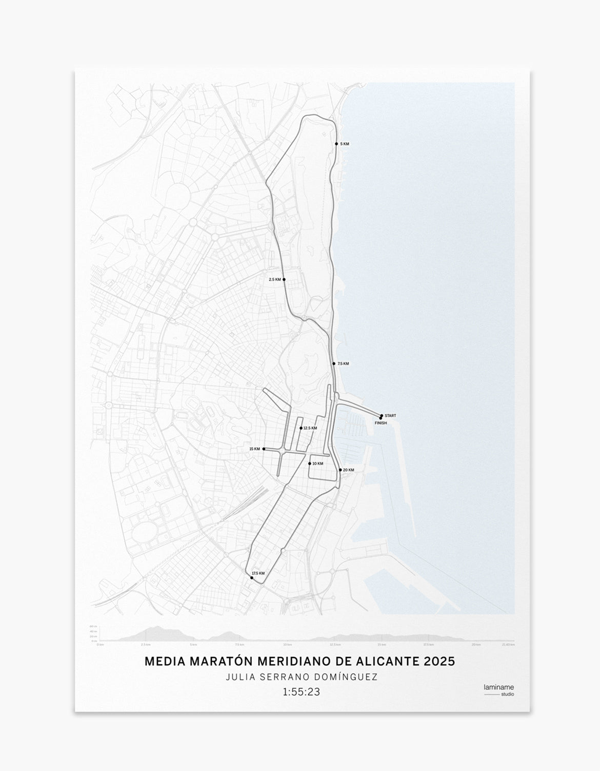 Lámina de laminame con el recorrido oficial de la Meridiano Media Maratón Aguas de Alicante