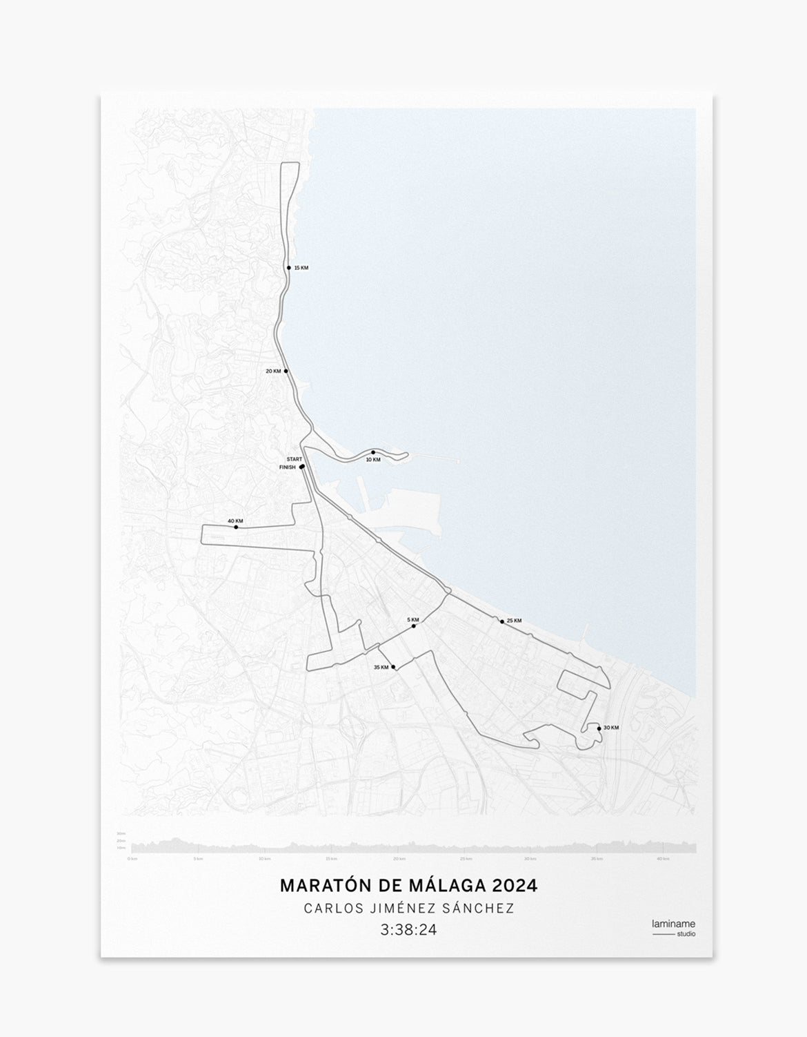 Mapa personalizado del Maratón de Málaga con recorrido detallado y diseño exclusivo
