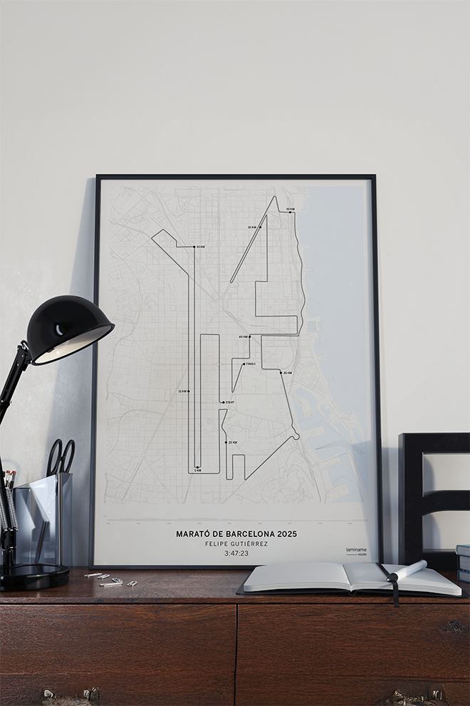 Diseño de mapa personalizado nombre y tiempo para corredores de la Marató de Barcelona