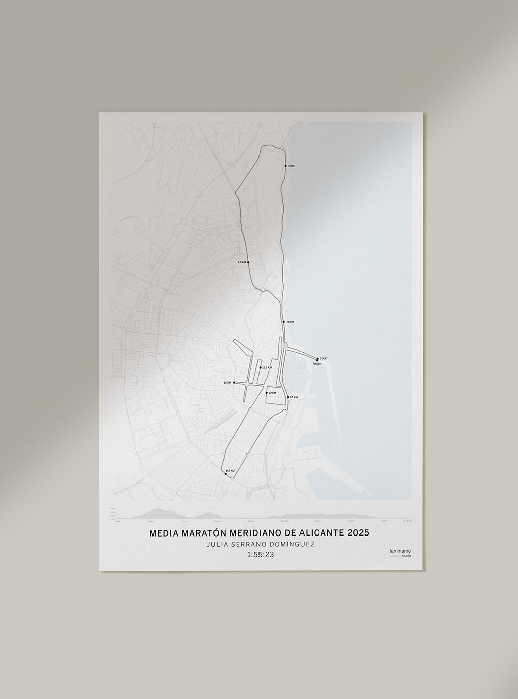 Mapa de la Meridiano Media Maratón Aguas de Alicante con el trazado exacto en laminame