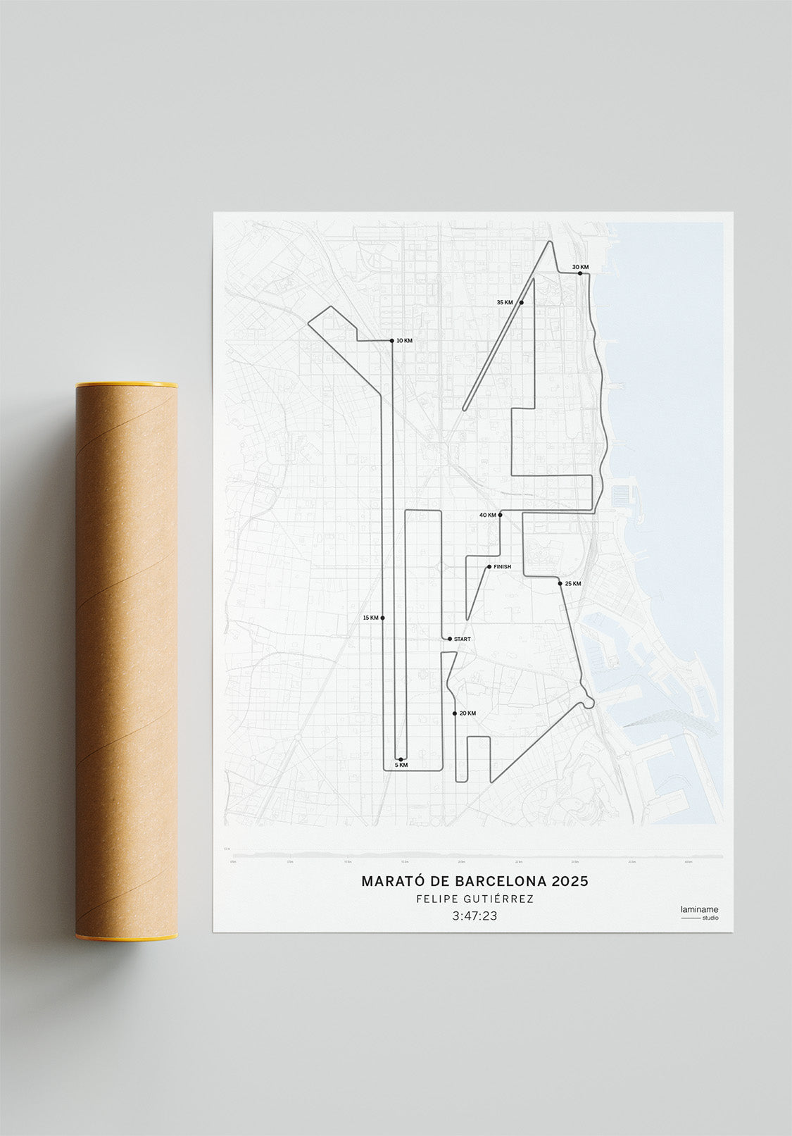 Mapa de la Maratón de Barcelona con nombre y tiempo personalizado – Recuerdo único