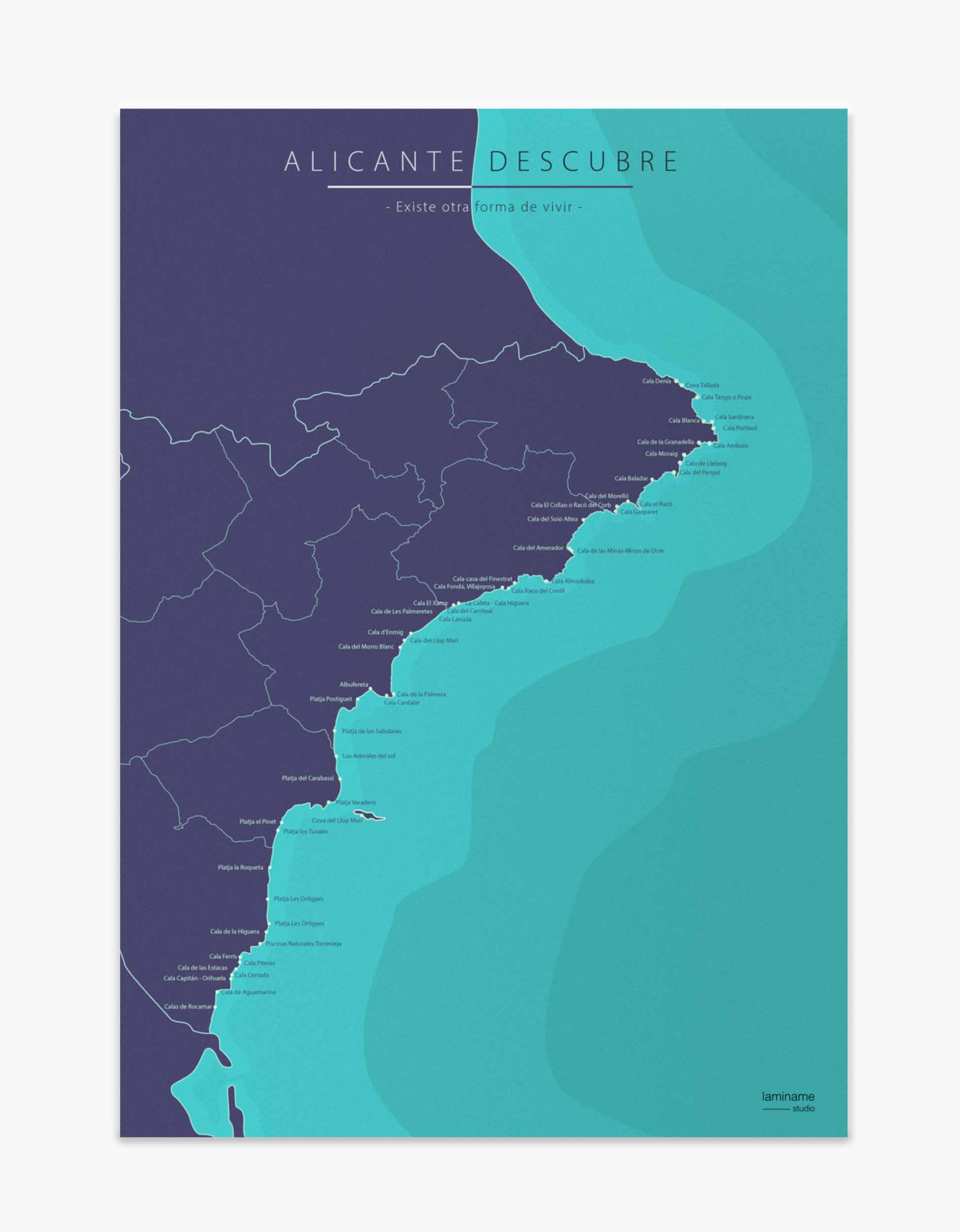 Mapa decorativo de las Calas de Alicante – Personalización de lugares disponible