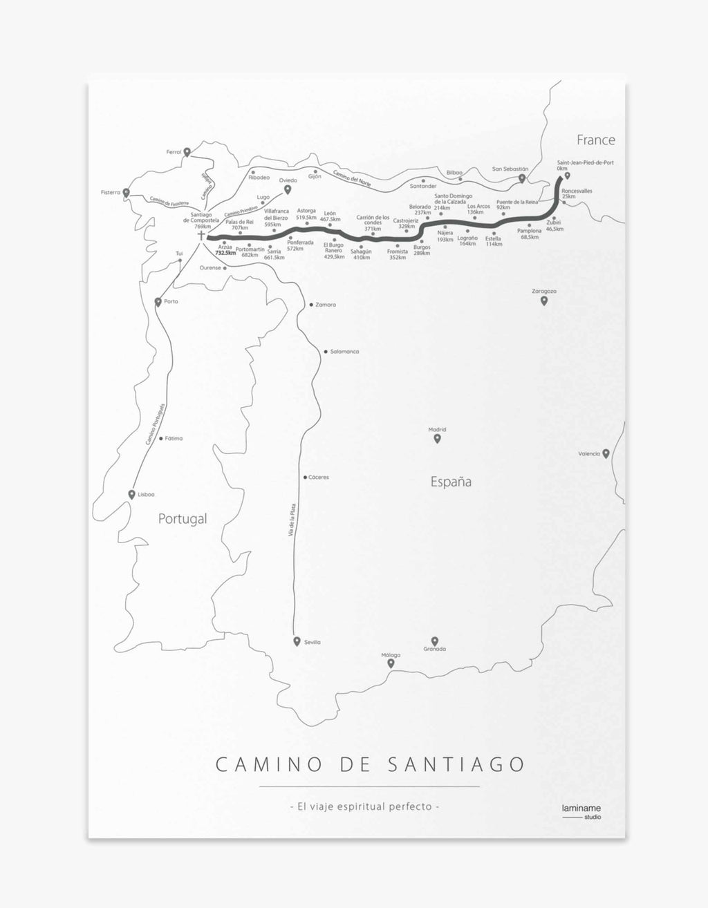 Mapa personalizado del Camino de Santiago con tu ruta y nombre