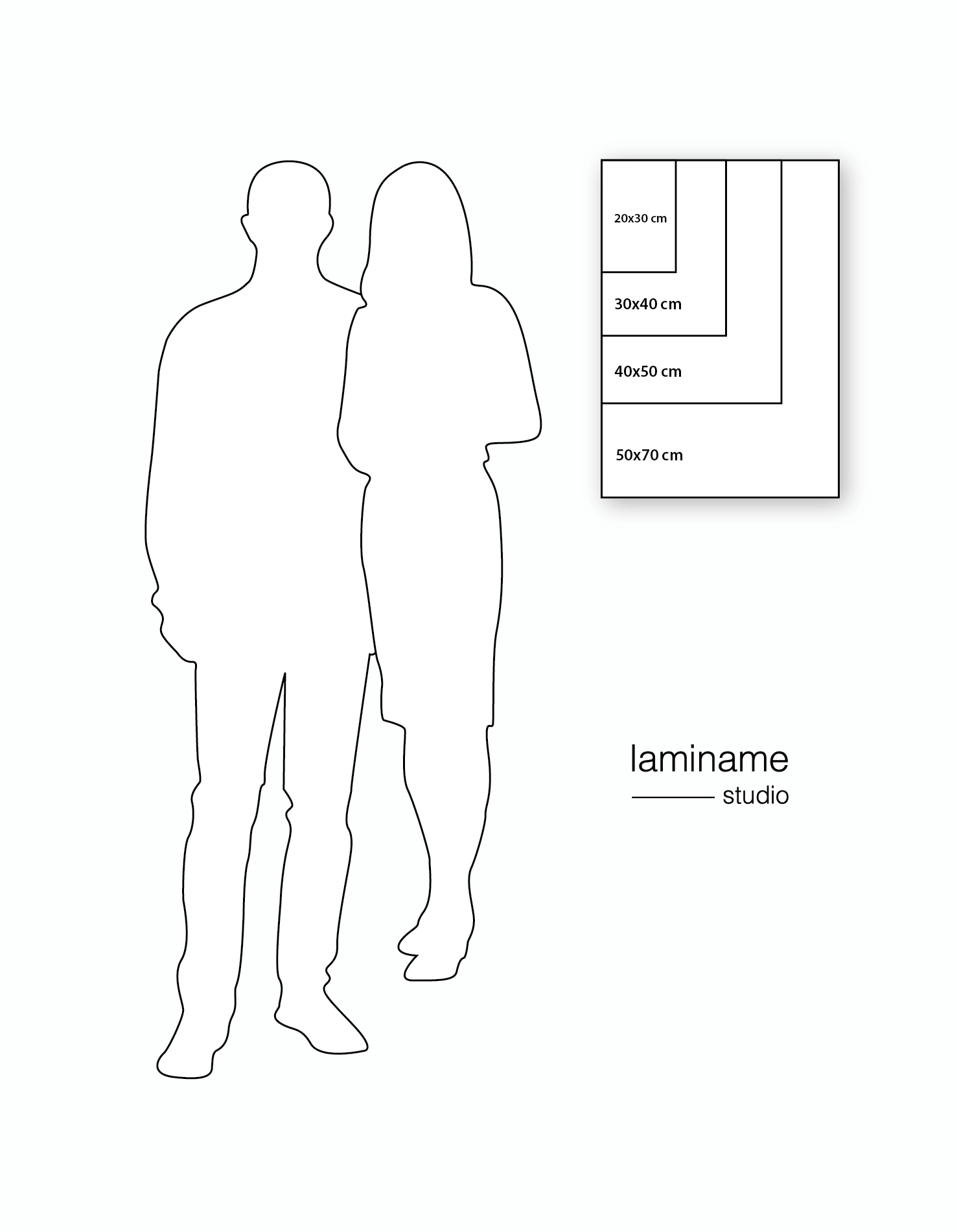 Guía de tamaños de pósters laminame: medidas 20x30 cm, 30x40 cm, 40x50 cm y 50x70 cm para láminas personalizadas de carreras, senderismo y mapas decorativos.